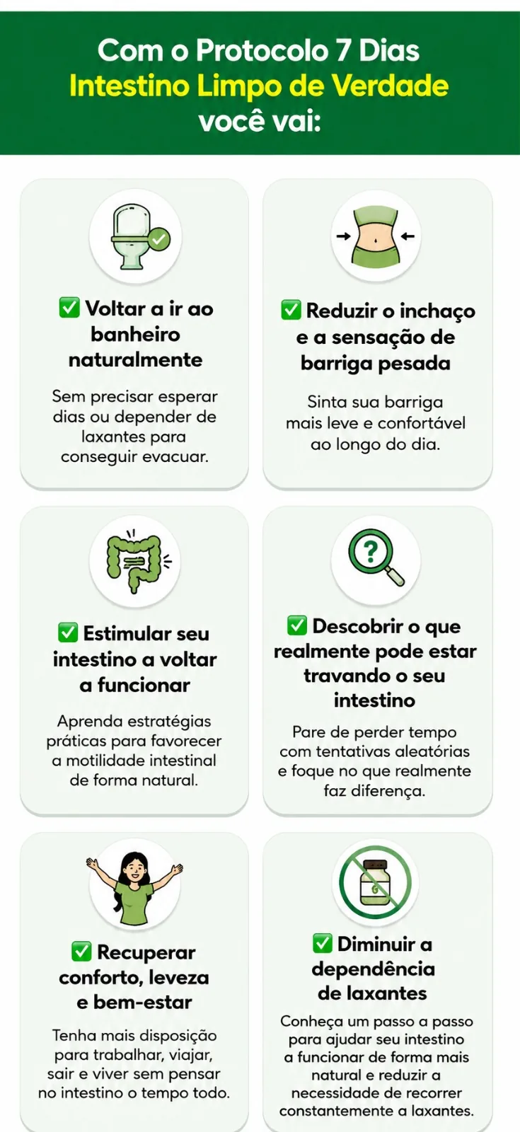 Benefícios do Protocolo 7 Dias Intestino Limpo de Verdade: voltar a ir ao banheiro naturalmente, reduzir inchaço, estimular o intestino, descobrir o que está travando, recuperar conforto e bem-estar, e diminuir a dependência de laxantes
